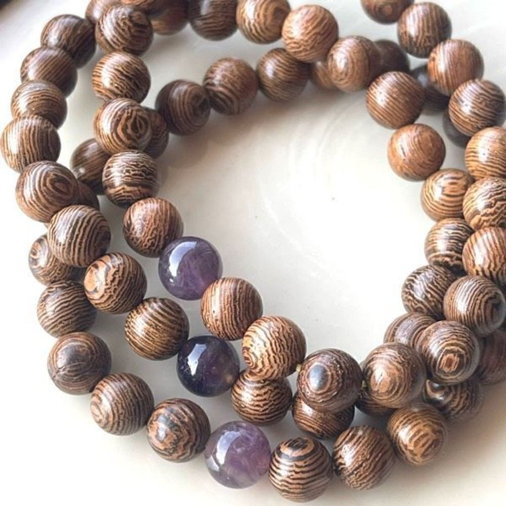 Sandalwood amethyst beaded bracelet ONE NEW stretch reiki meditation yoga